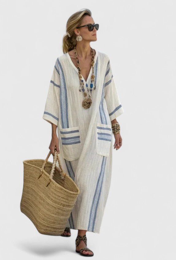Serena | Women's V-Neck Kaftan Maxi Dress with Stripe Detail