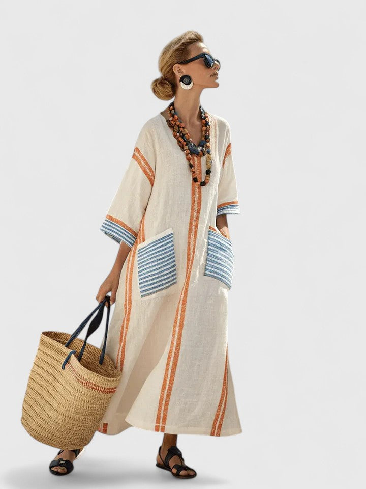 Serena | Women's V-Neck Kaftan Maxi Dress with Stripe Detail
