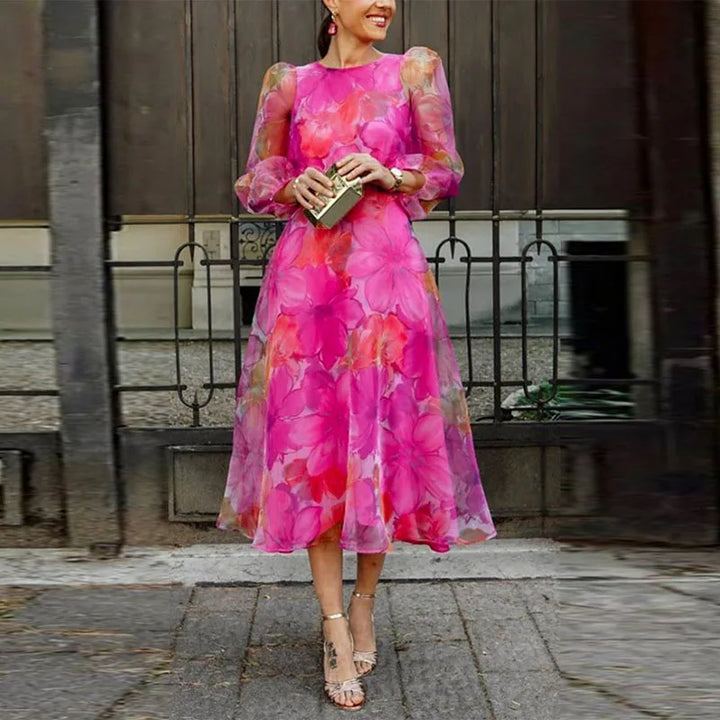 Rosalie | Women's Floral Chiffon Midi Dress Long Sleeve Wedding Guest