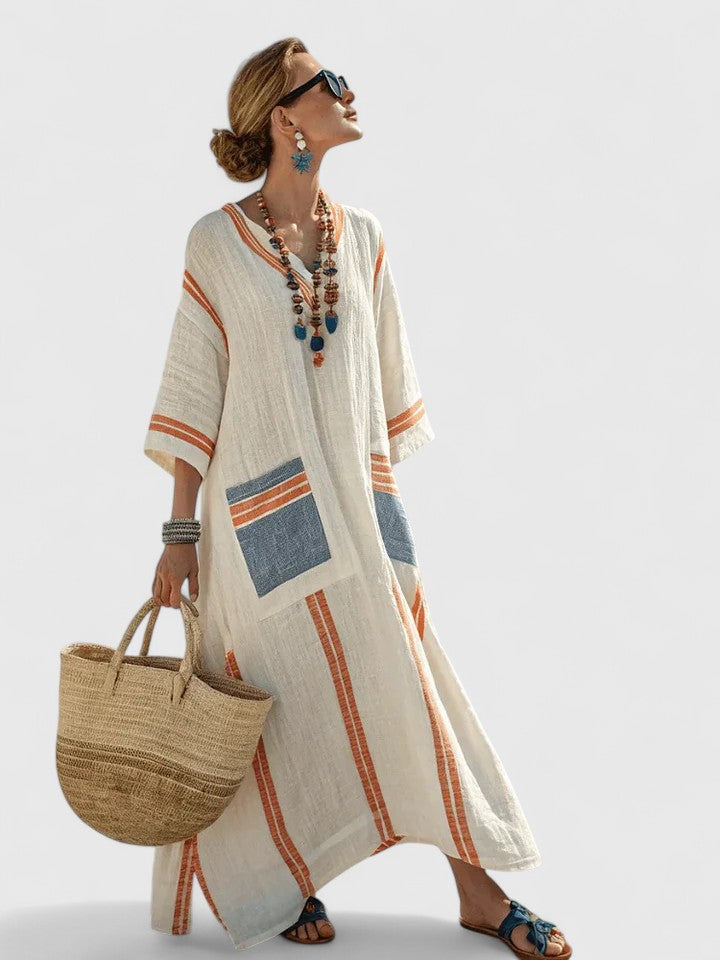 Serena | Women's V-Neck Kaftan Maxi Dress with Stripe Detail