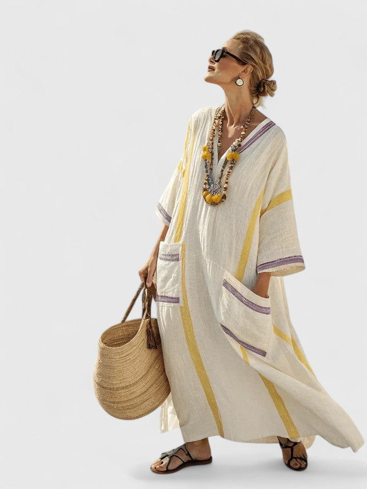 Serena | Women's V-Neck Kaftan Maxi Dress with Stripe Detail