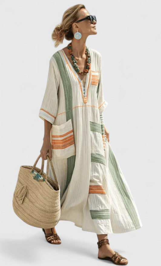 Serena | Women's V-Neck Kaftan Maxi Dress with Stripe Detail