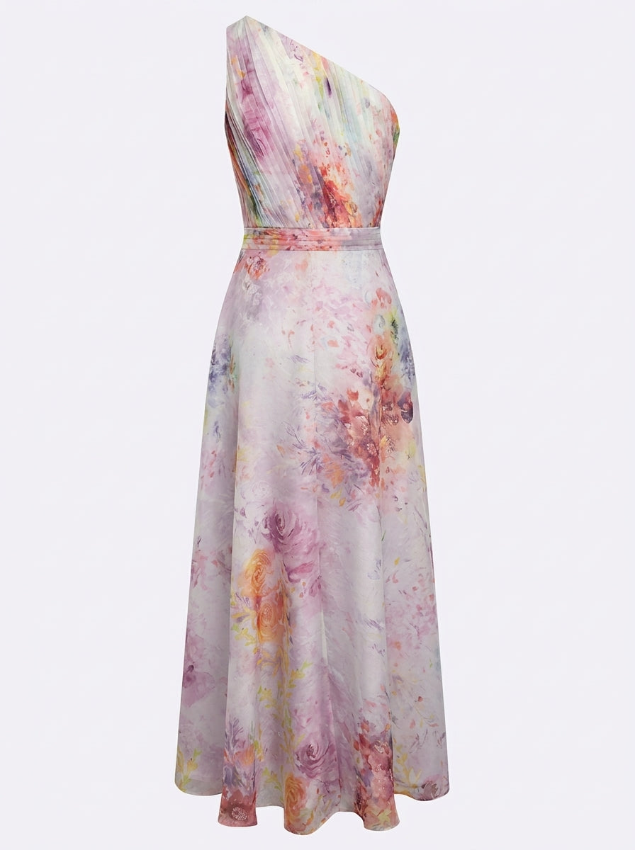 Verne Chiffon 3D Floral One Shoulder Pleated Sleeveless A-Line Gown Maxi Dress