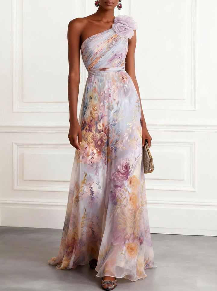 Verne Chiffon 3D Floral One Shoulder Pleated Sleeveless A-Line Gown Maxi Dress
