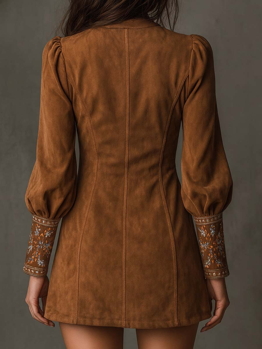 Riley | V-Neck Suede Embroidered Mini Dress
