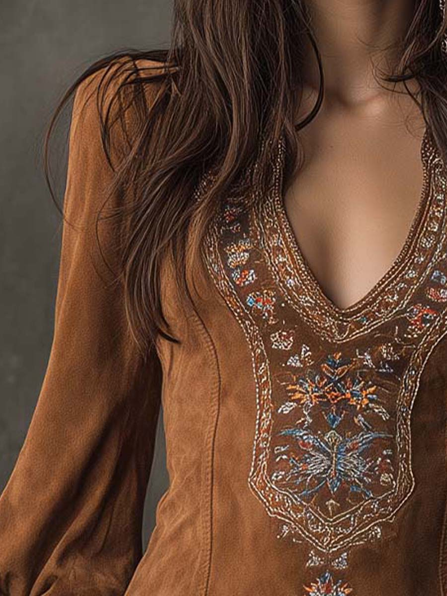 Riley | V-Neck Suede Embroidered Mini Dress