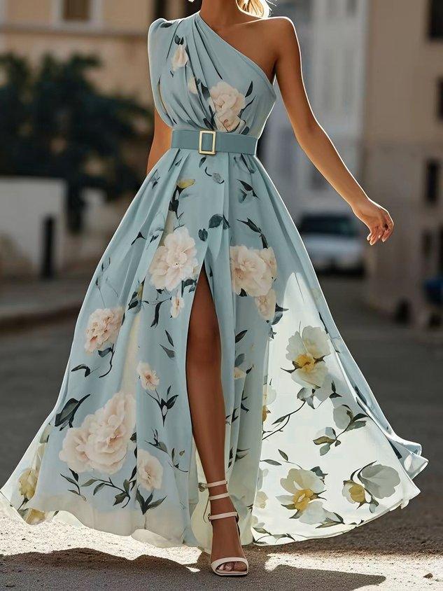 Julie | Light Green Floral Chiffon One-Shoulder Maxi Dress