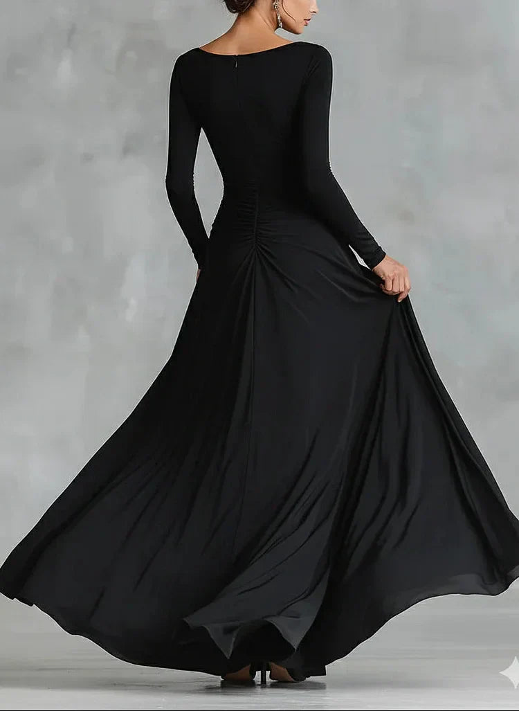 Modern long black crepe dress with pleated boat neckline