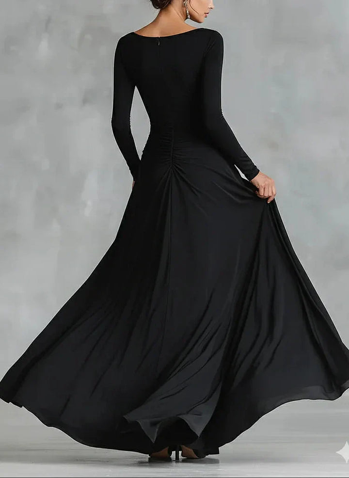 Modern long black crepe dress with pleated boat neckline