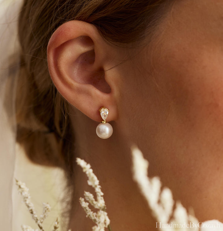 Natural Freshwater Pearl Earrings, Tear Drop Diamond Stud Earrings, Wedding Earrings, Engagement Earrings, Bridesmaid gift, gift for Mom.