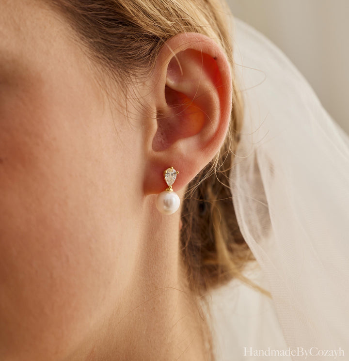 Natural Freshwater Pearl Earrings, Tear Drop Diamond Stud Earrings, Wedding Earrings, Engagement Earrings, Bridesmaid gift, gift for Mom.