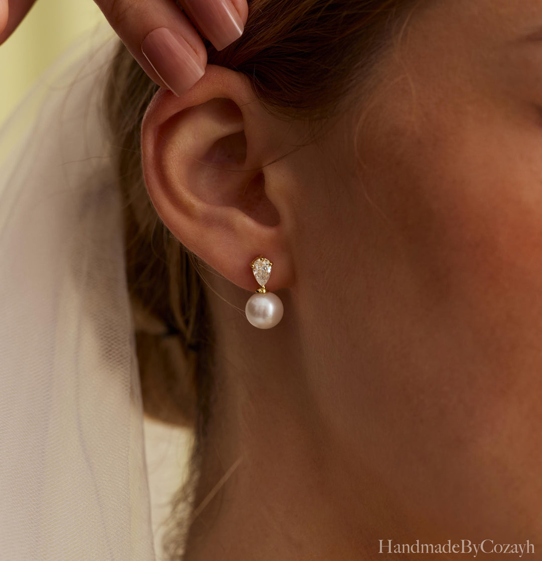 Natural Freshwater Pearl Earrings, Tear Drop Diamond Stud Earrings, Wedding Earrings, Engagement Earrings, Bridesmaid gift, gift for Mom.