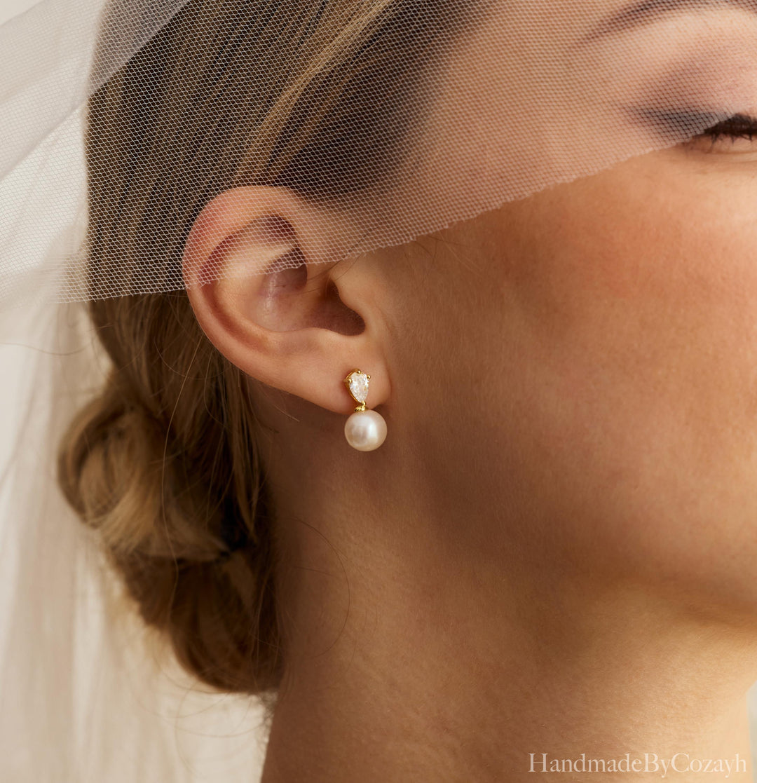 Natural Freshwater Pearl Earrings, Tear Drop Diamond Stud Earrings, Wedding Earrings, Engagement Earrings, Bridesmaid gift, gift for Mom.
