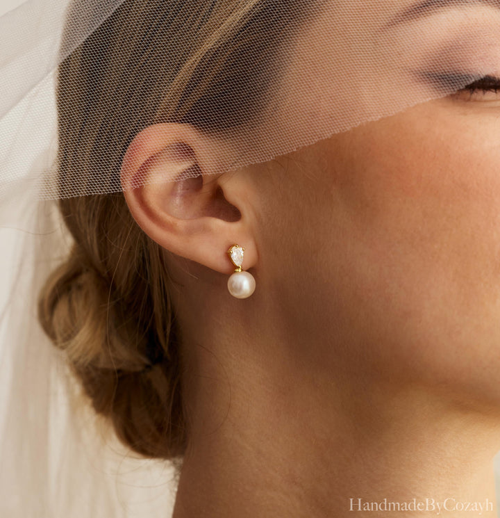 Natural Freshwater Pearl Earrings, Tear Drop Diamond Stud Earrings, Wedding Earrings, Engagement Earrings, Bridesmaid gift, gift for Mom.