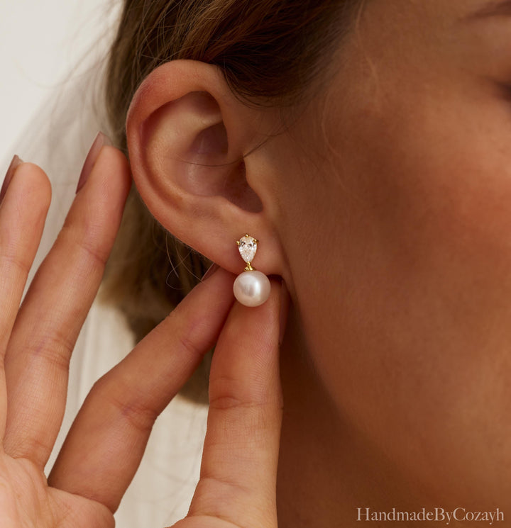 Natural Freshwater Pearl Earrings, Tear Drop Diamond Stud Earrings, Wedding Earrings, Engagement Earrings, Bridesmaid gift, gift for Mom.