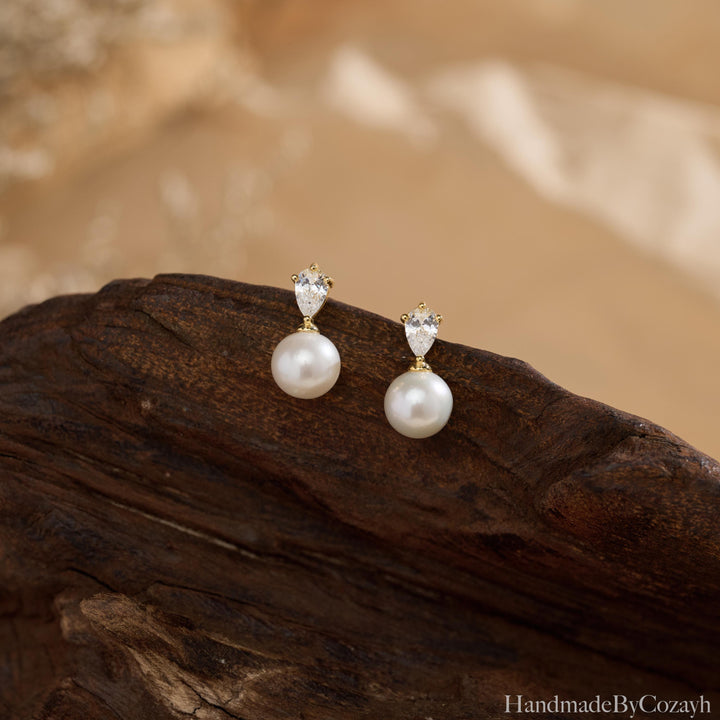 Natural Freshwater Pearl Earrings, Tear Drop Diamond Stud Earrings, Wedding Earrings, Engagement Earrings, Bridesmaid gift, gift for Mom.