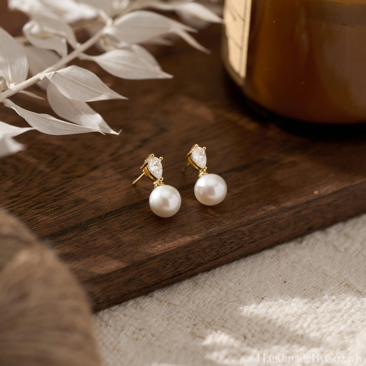 Natural Freshwater Pearl Earrings, Tear Drop Diamond Stud Earrings, Wedding Earrings, Engagement Earrings, Bridesmaid gift, gift for Mom.