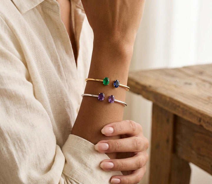 Personalized Birthstone Bangle Bracelet • Two Stone Oval Cuff • Dainty Mother Daughter Jewelry • Couple or Friendship Gift