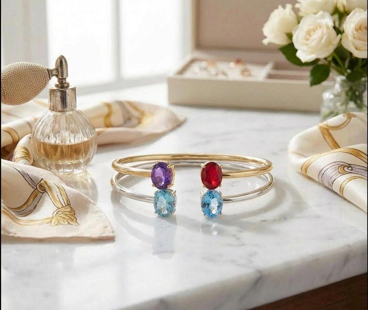 Personalized Birthstone Bangle Bracelet • Two Stone Oval Cuff • Dainty Mother Daughter Jewelry • Couple or Friendship Gift