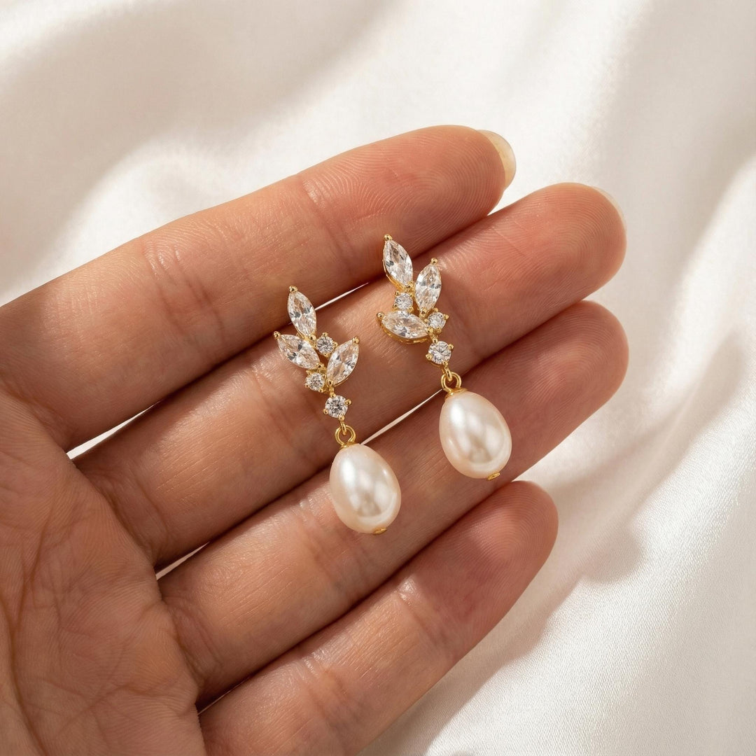 Natural Pearl Diamond Earrings, Crystal Bridal Earrings, Pearl Drop Earrings, Silver Leaf Earrings, Freshwater Pearl Wedding Earrings