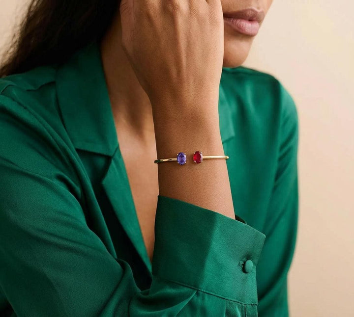 Personalized Birthstone Bangle Bracelet • Two Stone Oval Cuff • Dainty Mother Daughter Jewelry • Couple or Friendship Gift