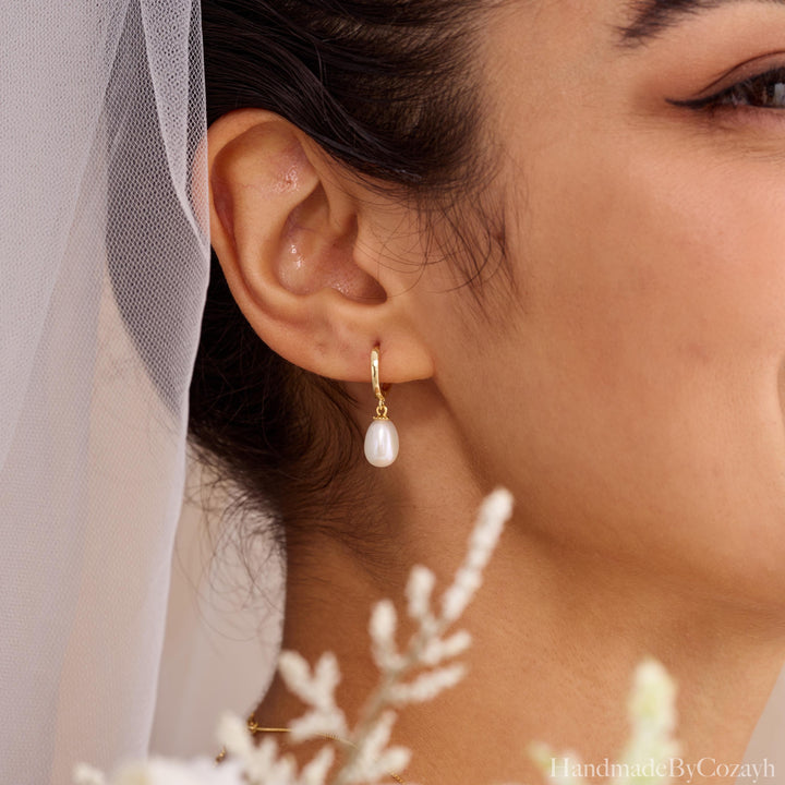 Dainty Freshwater Pearl Earrings, Pearl Drop Earrings, Pearl Hoop Earrings, Gold Huggie Earrings, Bridesmaid Jewelry, Mother's Gift for Her