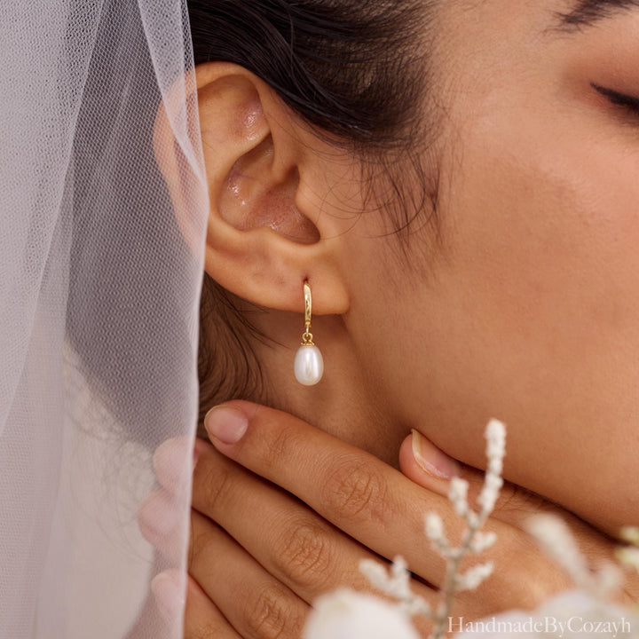 Dainty Freshwater Pearl Earrings, Pearl Drop Earrings, Pearl Hoop Earrings, Gold Huggie Earrings, Bridesmaid Jewelry, Mother's Gift for Her