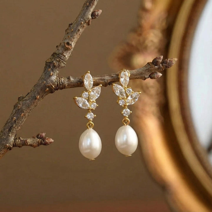 Natural Pearl Diamond Earrings, Crystal Bridal Earrings, Pearl Drop Earrings, Silver Leaf Earrings, Freshwater Pearl Wedding Earrings