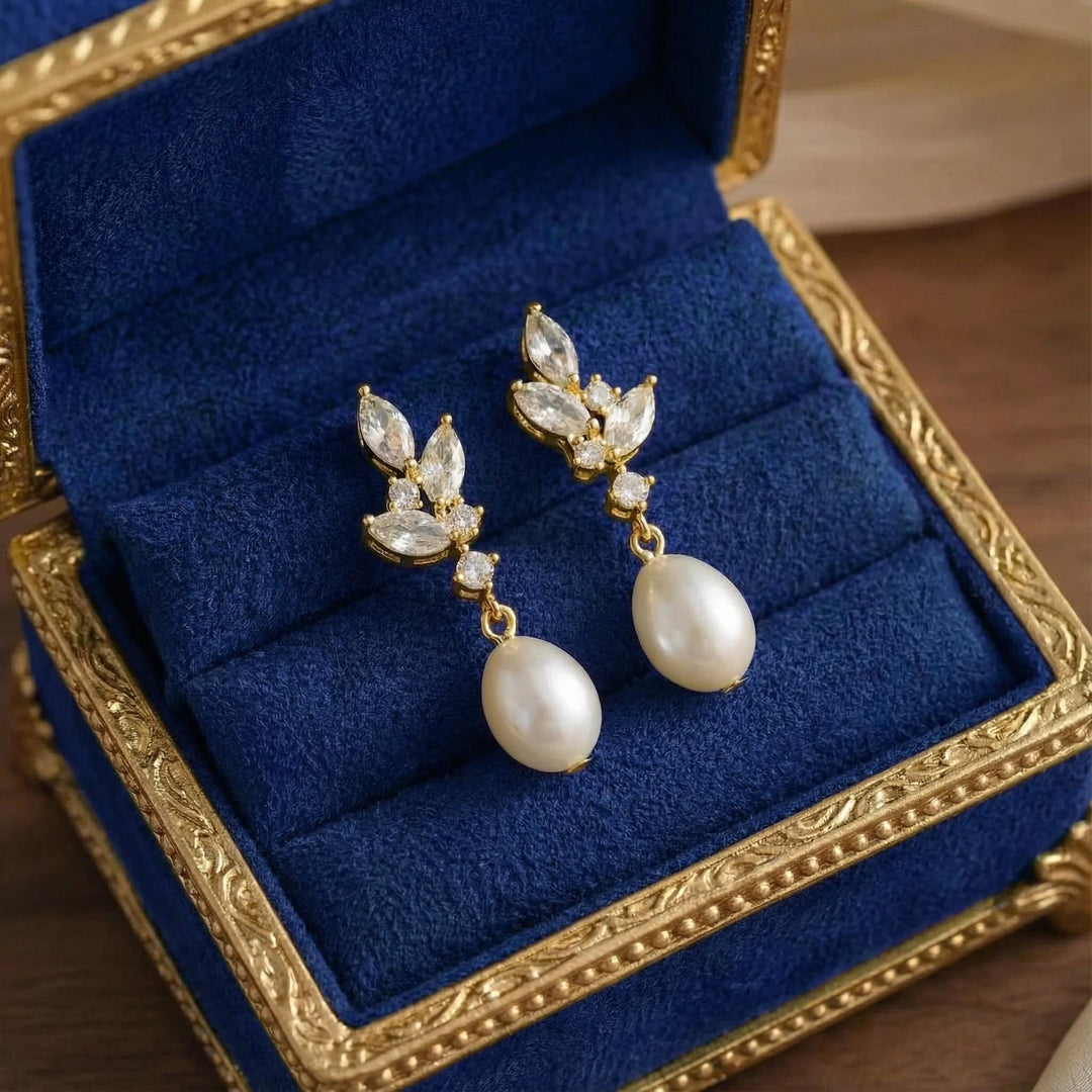Natural Pearl Diamond Earrings, Crystal Bridal Earrings, Pearl Drop Earrings, Silver Leaf Earrings, Freshwater Pearl Wedding Earrings