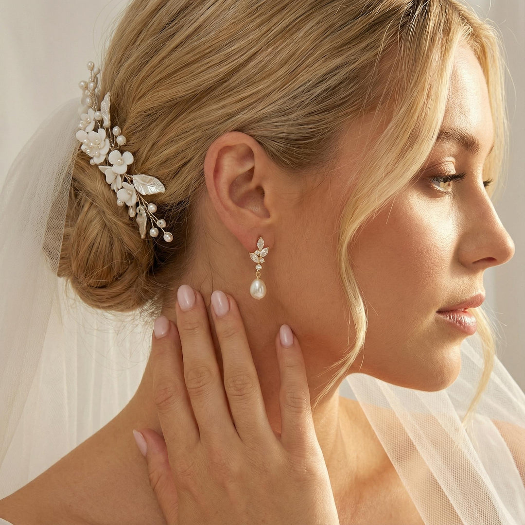 Natural Pearl Diamond Earrings, Crystal Bridal Earrings, Pearl Drop Earrings, Silver Leaf Earrings, Freshwater Pearl Wedding Earrings