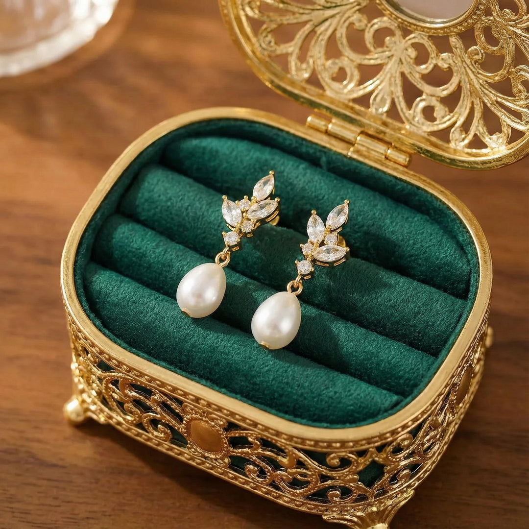 Natural Pearl Diamond Earrings, Crystal Bridal Earrings, Pearl Drop Earrings, Silver Leaf Earrings, Freshwater Pearl Wedding Earrings