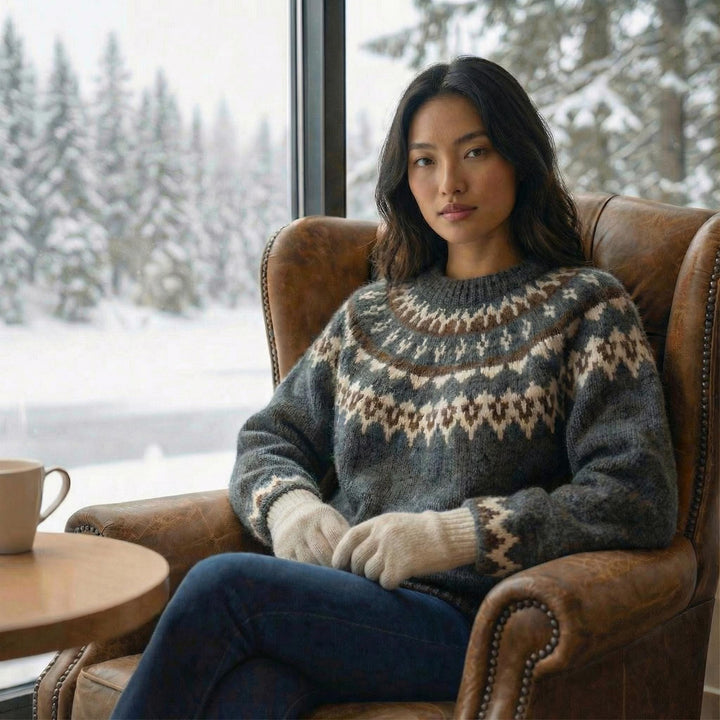 Handcrafted Oversized Nordic Alpaca Wool Sweater – Cozy Two-Tone Knit for Lazy Autumn Days