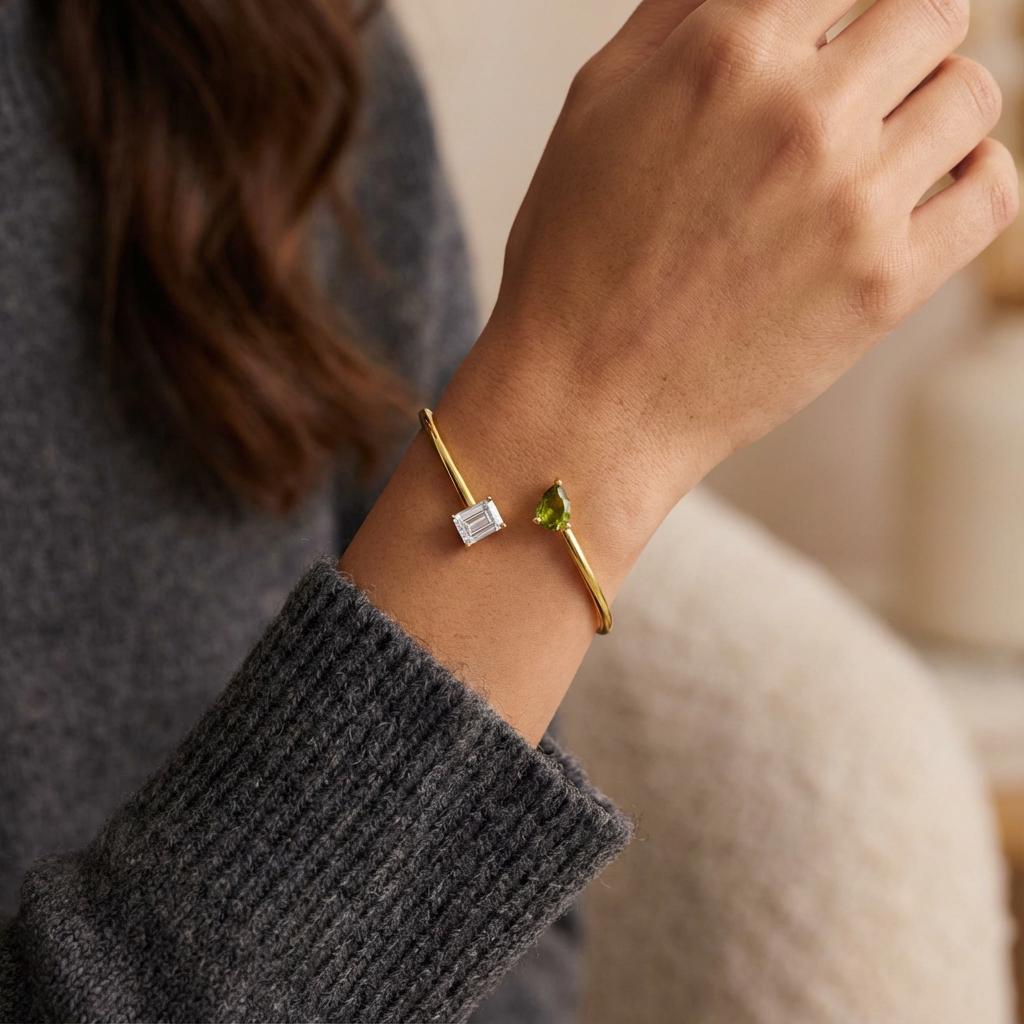 Personalized Double Birthstone Bangle Bracelet – Dainty Adjustable Cuff, Perfect Anniversary or Christmas Gift