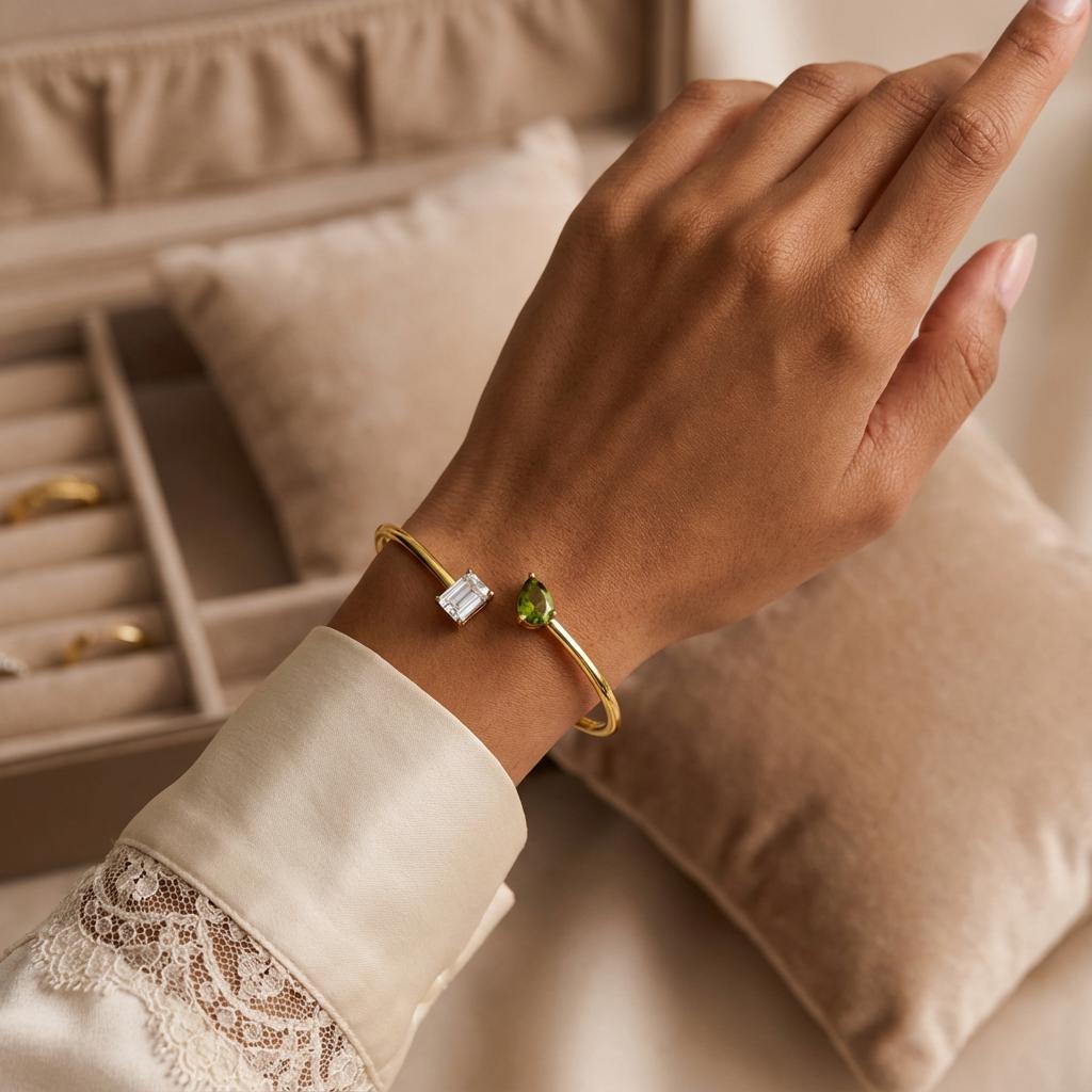 Personalized Double Birthstone Bangle Bracelet – Dainty Adjustable Cuff, Perfect Anniversary or Christmas Gift