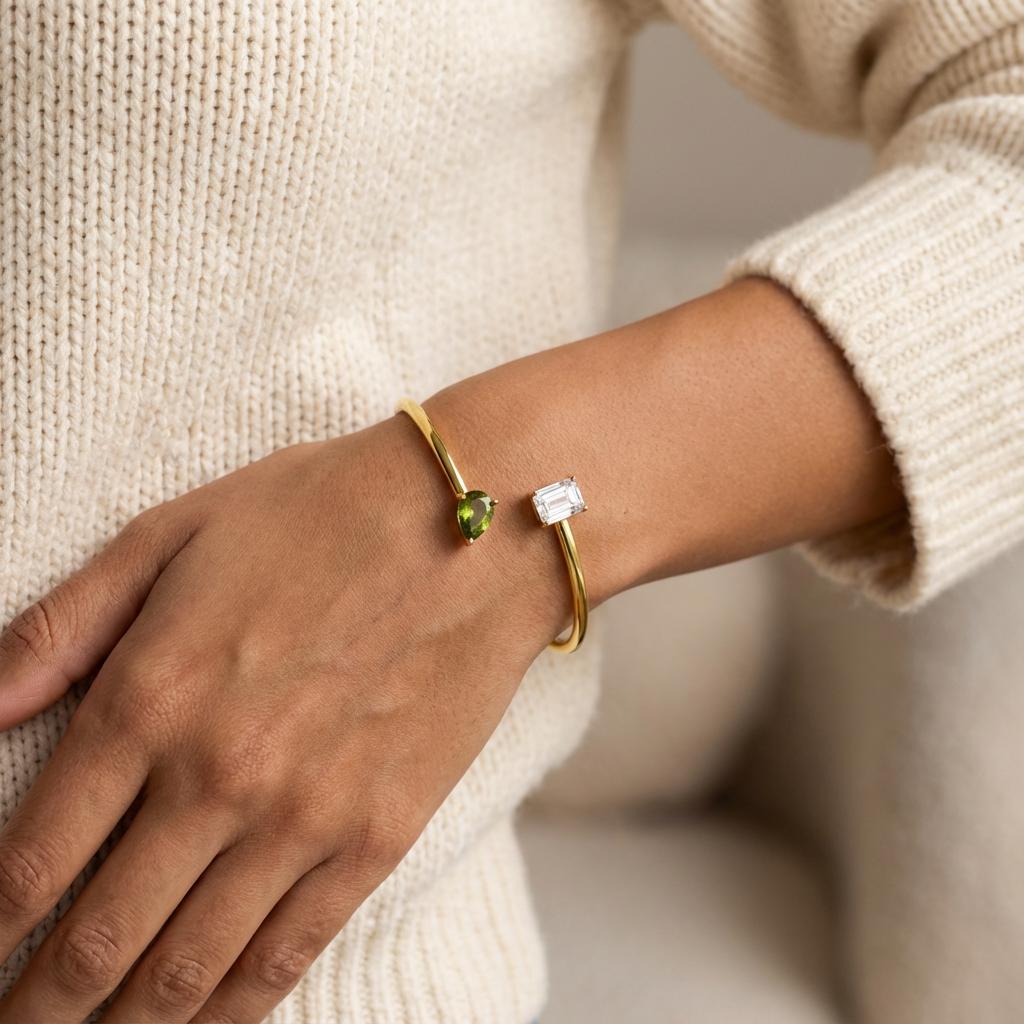 Personalized Double Birthstone Bangle Bracelet – Dainty Adjustable Cuff, Perfect Anniversary or Christmas Gift