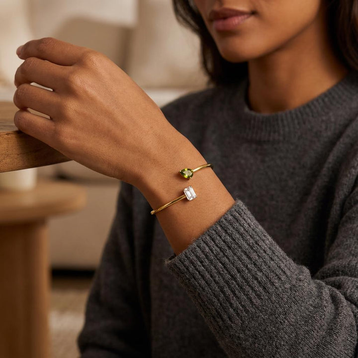 Personalized Double Birthstone Bangle Bracelet – Dainty Adjustable Cuff, Perfect Anniversary or Christmas Gift