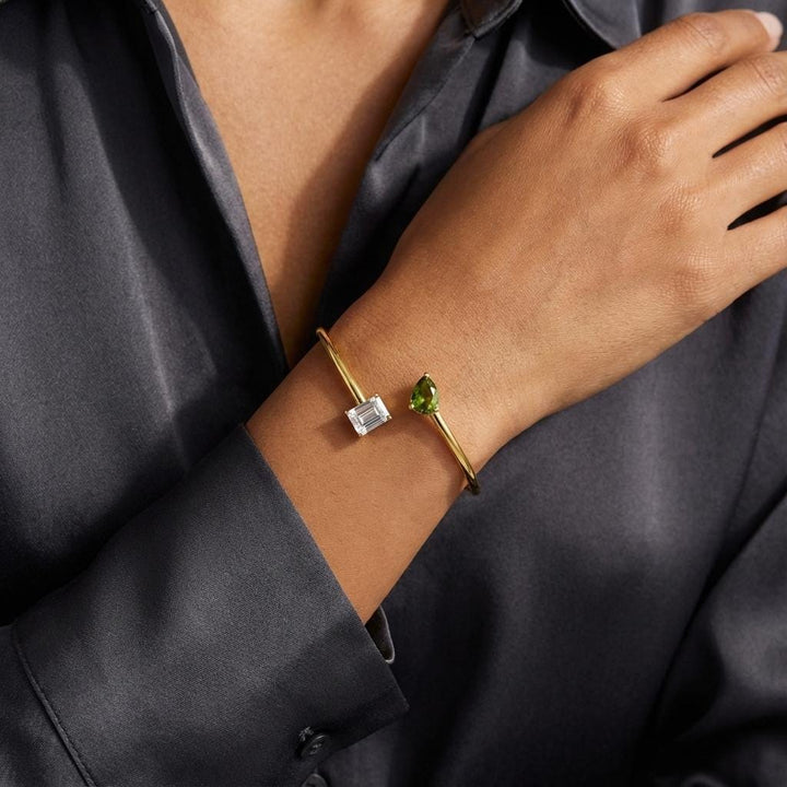 Personalized Double Birthstone Bangle Bracelet – Dainty Adjustable Cuff, Perfect Anniversary or Christmas Gift