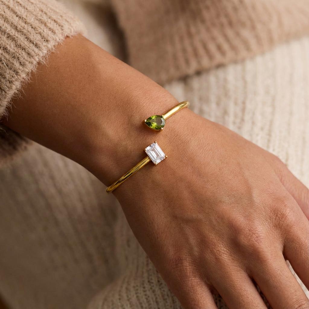 Personalized Double Birthstone Bangle Bracelet – Dainty Adjustable Cuff, Perfect Anniversary or Christmas Gift