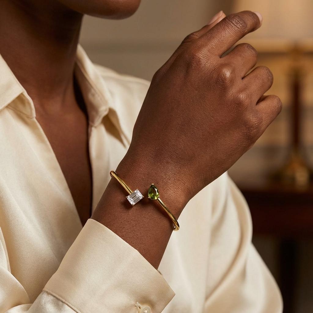 Personalized Double Birthstone Bangle Bracelet – Dainty Adjustable Cuff, Perfect Anniversary or Christmas Gift