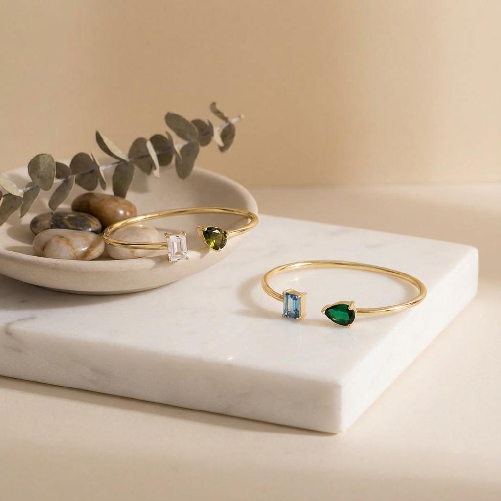 Personalized Double Birthstone Bangle Bracelet – Dainty Adjustable Cuff, Perfect Anniversary or Christmas Gift