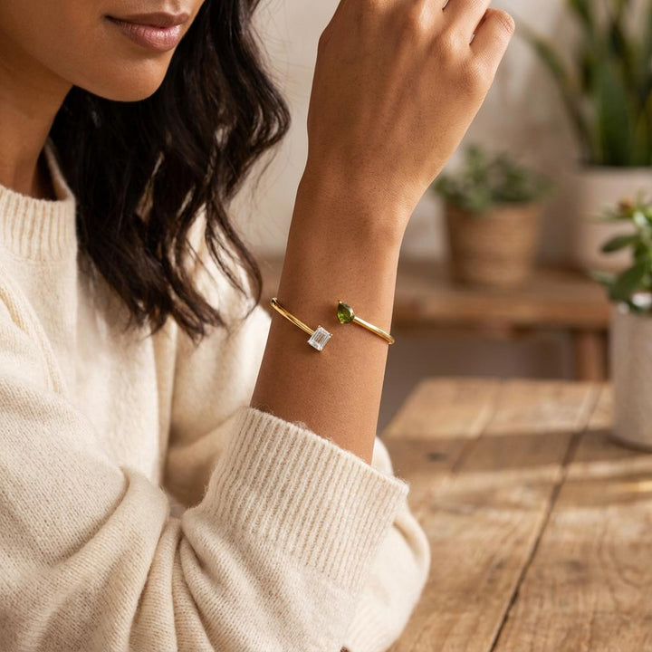 Personalized Double Birthstone Bangle Bracelet – Dainty Adjustable Cuff, Perfect Anniversary or Christmas Gift