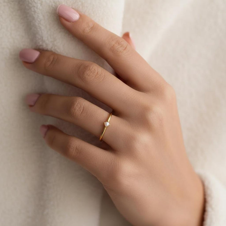 Dainty Minimalist Gold Pearl Ring - Delicate Stacking Band, Promise Ring for Her, Perfect Birthday or Christmas Gift
