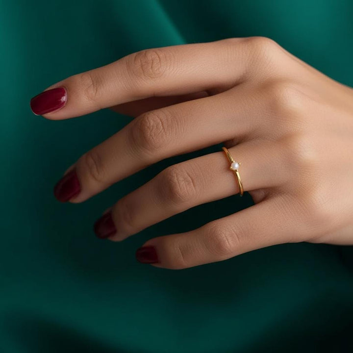 Dainty Minimalist Gold Pearl Ring - Delicate Stacking Band, Promise Ring for Her, Perfect Birthday or Christmas Gift
