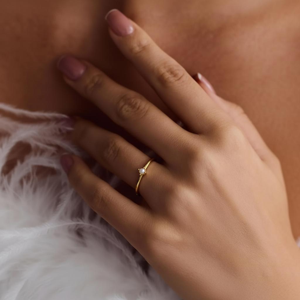 Dainty Minimalist Gold Pearl Ring - Delicate Stacking Band, Promise Ring for Her, Perfect Birthday or Christmas Gift