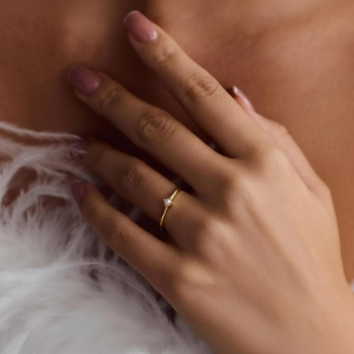Dainty Minimalist Gold Pearl Ring - Delicate Stacking Band, Promise Ring for Her, Perfect Birthday or Christmas Gift