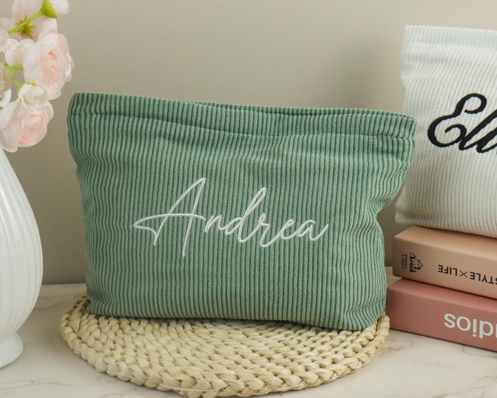 Personalized Embroidered Corduroy Makeup Bag – Custom Name Toiletry Pouch