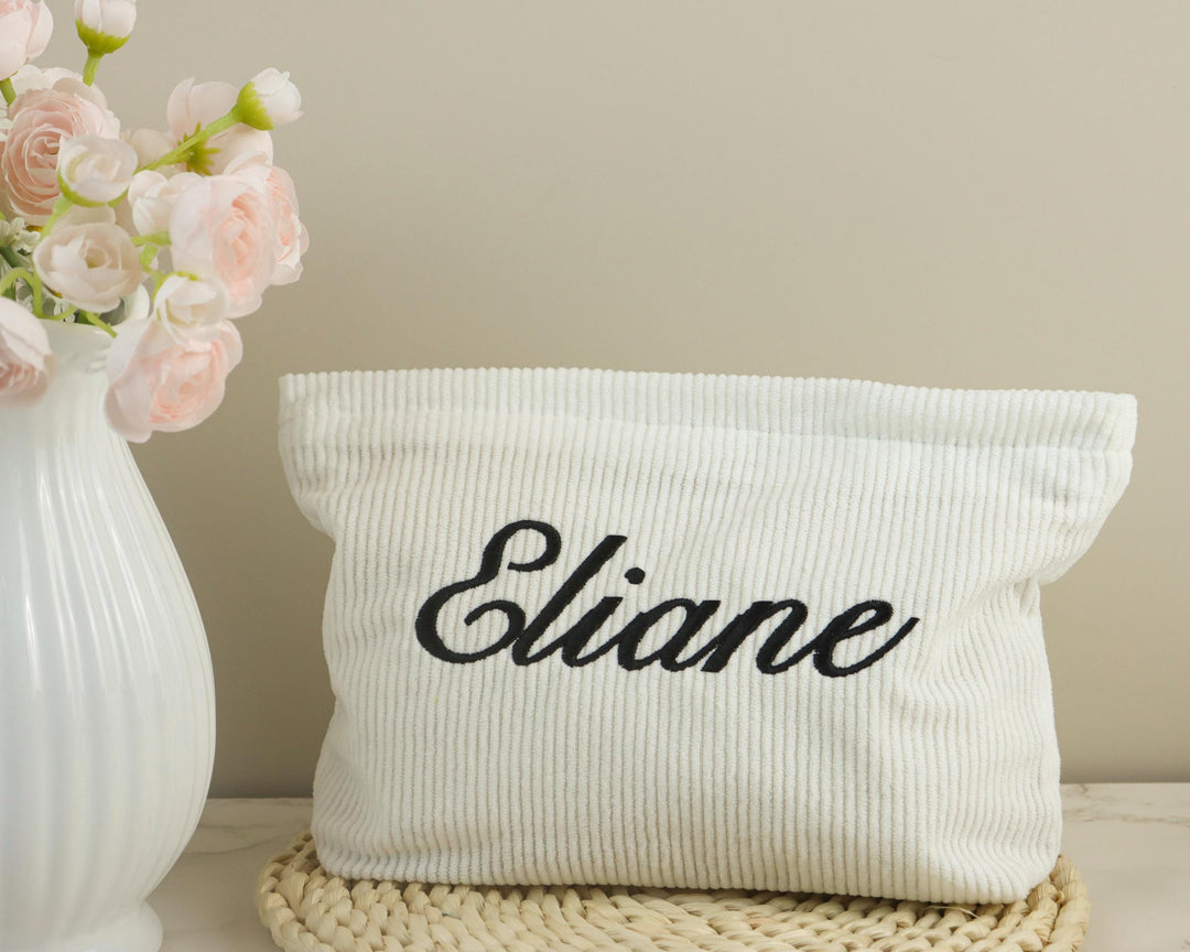 Personalized Embroidered Corduroy Makeup Bag – Custom Name Toiletry Pouch