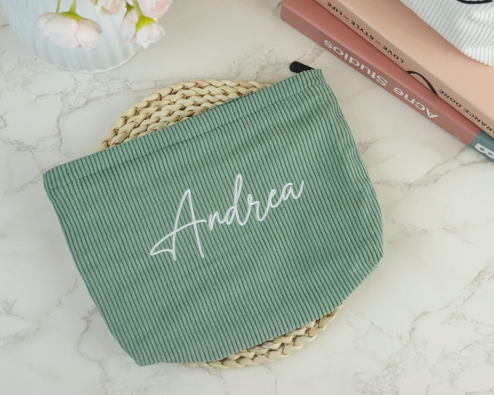 Personalized Embroidered Corduroy Makeup Bag – Custom Name Toiletry Pouch