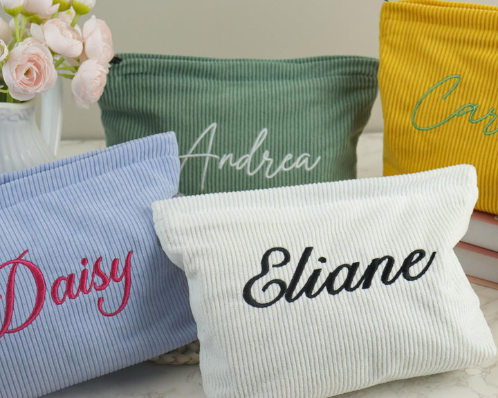 Personalized Embroidered Corduroy Makeup Bag – Custom Name Toiletry Pouch