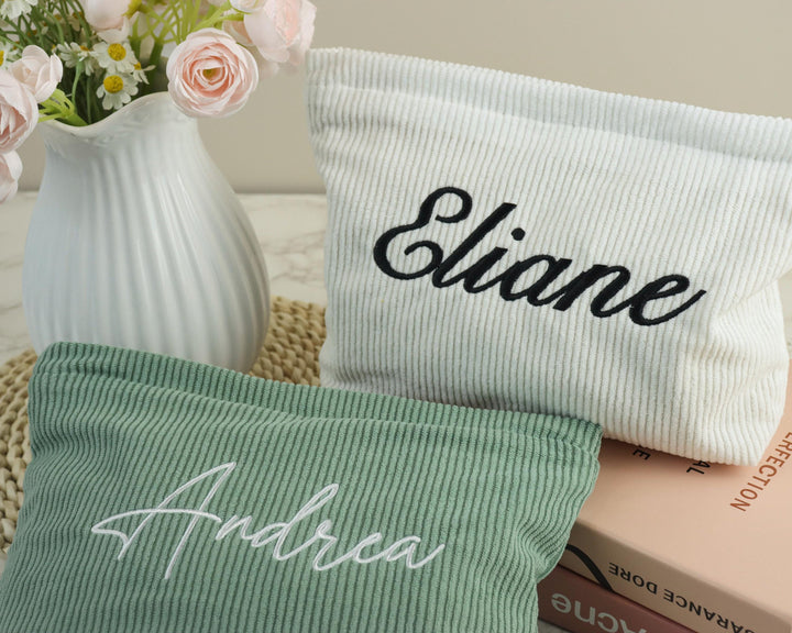 Personalized Embroidered Corduroy Makeup Bag – Custom Name Toiletry Pouch